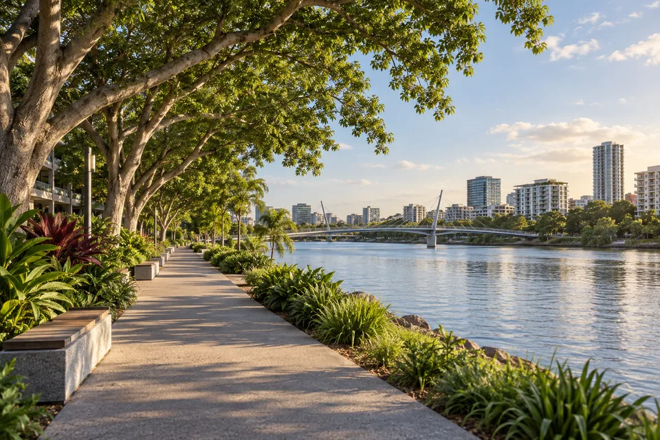 AI-generated editorial illustration of a generic subtropical riverside promenade with a low pedestrian bridge.